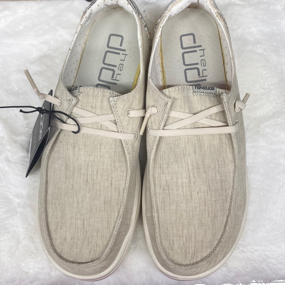 Hey dude shoes , beige color and never been worn size 8 but fit an 8.5 .